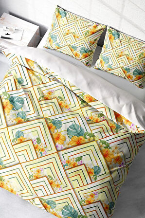 Lastikli Çarşaflı %100 Pamuk Saten Çift Kişilik Nevresim Takımı Flower Squares