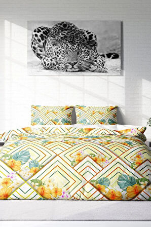 Lastikli Çarşaflı %100 Pamuk Saten Çift Kişilik Nevresim Takımı Flower Squares