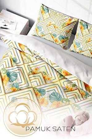 Lastikli Çarşaflı %100 Pamuk Saten Çift Kişilik Nevresim Takımı Flower Squares