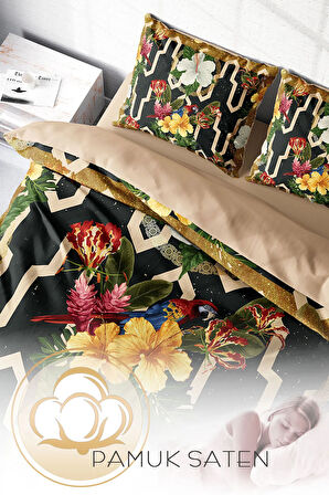 Lastikli Çarşaflı %100 Pamuk Saten Çift Kişilik Nevresim Takımı Figure Parrot
