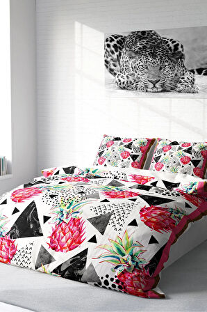 Lastikli Çarşaflı %100 Pamuk Saten Çift Kişilik Nevresim Takımı Pineapple