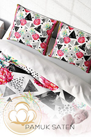 Lastikli Çarşaflı %100 Pamuk Saten Çift Kişilik Nevresim Takımı Pineapple