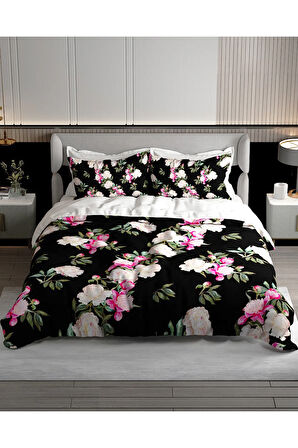 Lastikli Çarşaflı %100 Pamuk Saten Çift Kişilik Nevresim Takımı Black Flower