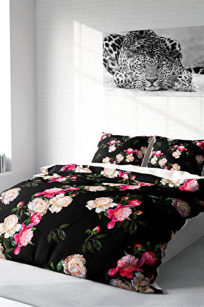 Lastikli Çarşaflı %100 Pamuk Saten Çift Kişilik Nevresim Takımı Black Flower
