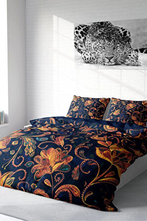 Lastikli Çarşaflı %100 Pamuk Saten Çift Kişilik Nevresim Takımı Goblen Çiçekleri