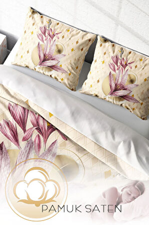 Lastikli Çarşaflı %100 Pamuk Saten Çift Kişilik Nevresim Takımı Pembe Zambak