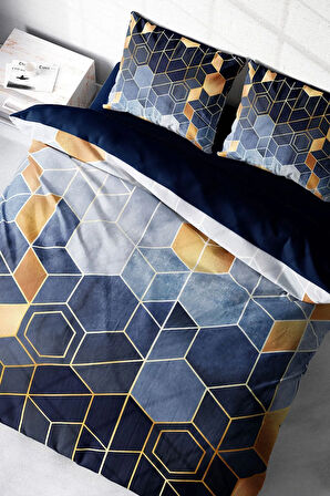 Lastikli Çarşaflı %100 Pamuk Saten Çift Kişilik Nevresim Takımı Arty Blue