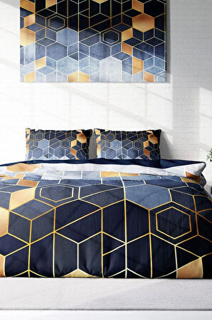 Lastikli Çarşaflı %100 Pamuk Saten Çift Kişilik Nevresim Takımı Arty Blue