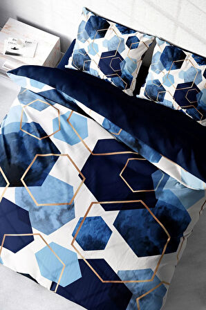 Lastikli Çarşaflı %100 Pamuk Saten Çift Kişilik Nevresim Takımı Blue Hexagon