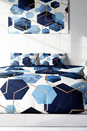 Lastikli Çarşaflı %100 Pamuk Saten Çift Kişilik Nevresim Takımı Blue Hexagon