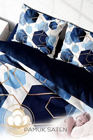 Lastikli Çarşaflı %100 Pamuk Saten Çift Kişilik Nevresim Takımı Blue Hexagon