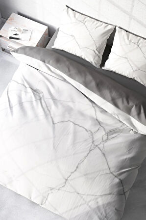 Lastikli Çarşaflı %100 Pamuk Saten Çift Kişilik Nevresim Takımı Lux Marble