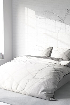 Lastikli Çarşaflı %100 Pamuk Saten Çift Kişilik Nevresim Takımı Lux Marble