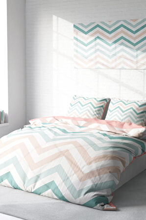 Lastikli Çarşaflı %100 Pamuk Saten Çift Kişilik Nevresim Takımı Zigzag