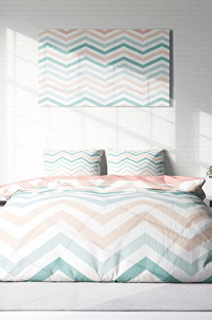 Lastikli Çarşaflı %100 Pamuk Saten Çift Kişilik Nevresim Takımı Zigzag