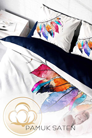 Lastikli Çarşaflı %100 Pamuk Saten Çift Kişilik Nevresim Takımı Tüy