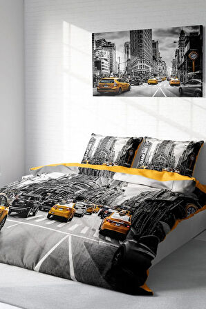 Lastikli Çarşaflı %100 Pamuk Saten Çift Kişilik Nevresim Takımı Taxi