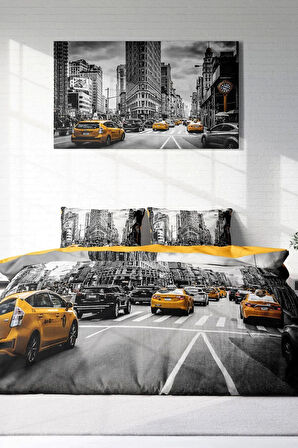 Lastikli Çarşaflı %100 Pamuk Saten Çift Kişilik Nevresim Takımı Taxi