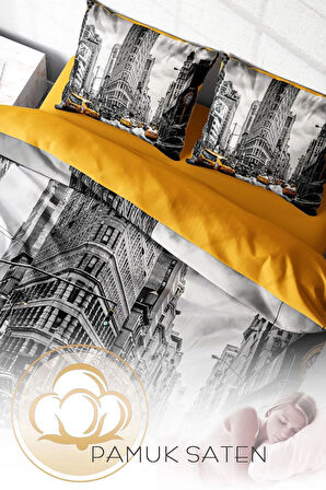 Lastikli Çarşaflı %100 Pamuk Saten Çift Kişilik Nevresim Takımı Taxi