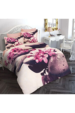 Lastikli Çarşaflı %100 Pamuk Saten Çift Kişilik Nevresim Takımı Stone Flower