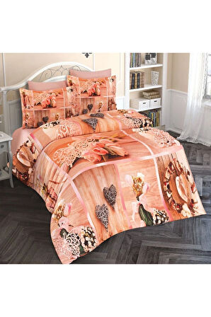 Lastikli Çarşaflı %100 Pamuk Saten Çift Kişilik Nevresim Takımı Tulip Heart