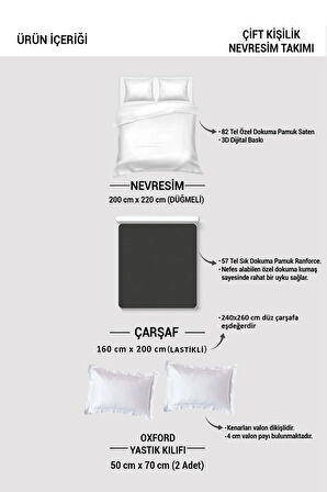 Lastikli Çarşaflı %100 Pamuk Saten Çift Kişilik Nevresim Takımı Tulip Heart