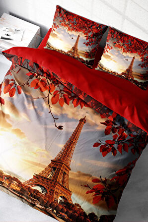 Lastikli Çarşaflı %100 Pamuk Saten Çift Kişilik Nevresim Takımı Eiffel