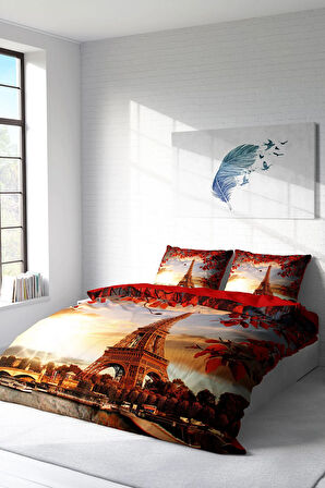 Lastikli Çarşaflı %100 Pamuk Saten Çift Kişilik Nevresim Takımı Eiffel