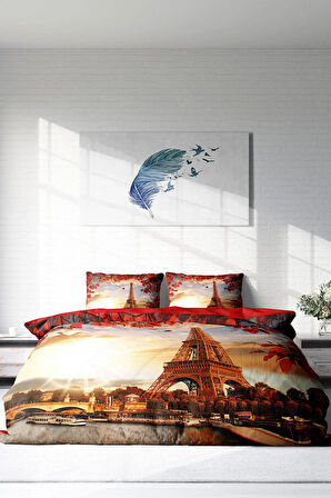 Lastikli Çarşaflı %100 Pamuk Saten Çift Kişilik Nevresim Takımı Eiffel