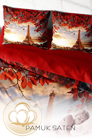 Lastikli Çarşaflı %100 Pamuk Saten Çift Kişilik Nevresim Takımı Eiffel