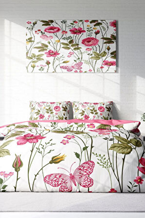 Lastikli Çarşaflı %100 Pamuk Saten Çift Kişilik Nevresim Takımı Relax Flower