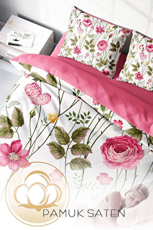 Lastikli Çarşaflı %100 Pamuk Saten Çift Kişilik Nevresim Takımı Relax Flower
