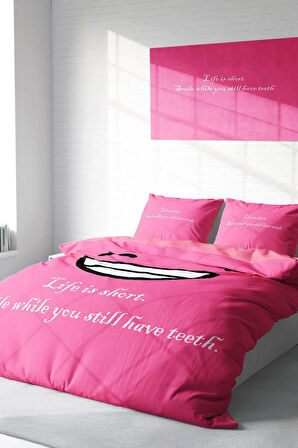 Lastikli Çarşaflı %100 Pamuk Saten Çift Kişilik Nevresim Takımı Smile Mottom