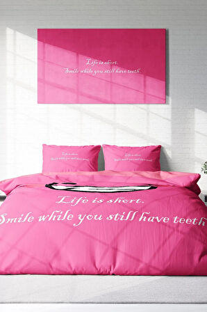 Lastikli Çarşaflı %100 Pamuk Saten Çift Kişilik Nevresim Takımı Smile Mottom