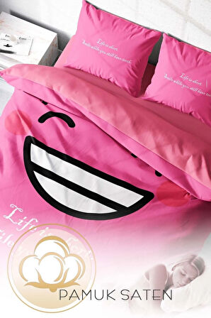 Lastikli Çarşaflı %100 Pamuk Saten Çift Kişilik Nevresim Takımı Smile Mottom