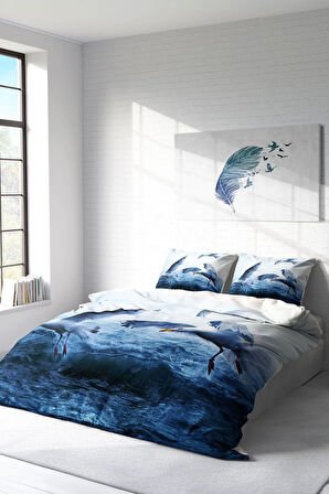 Lastikli Çarşaflı %100 Pamuk Saten Çift Kişilik Nevresim Takımı Martı