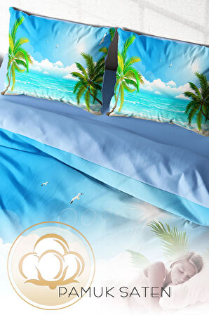 Lastikli Çarşaflı %100 Pamuk Saten Çift Kişilik Nevresim Takımı Palm