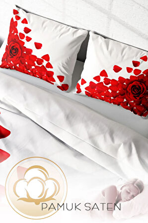 Lastikli Çarşaflı %100 Pamuk Saten Çift Kişilik Nevresim Takımı Beyaz Güller