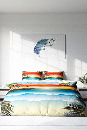 Lastikli Çarşaflı %100 Pamuk Saten Çift Kişilik Nevresim Takımı Gün Batarken