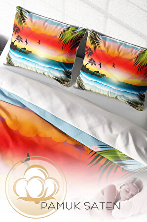 Lastikli Çarşaflı %100 Pamuk Saten Çift Kişilik Nevresim Takımı Gün Batarken
