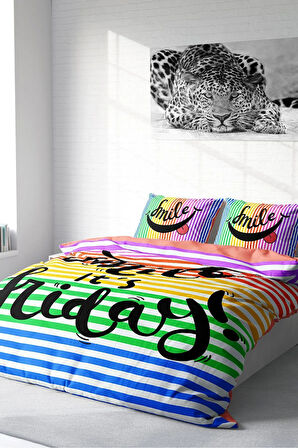 Lastikli Çarşaflı %100 Pamuk Saten Çift Kişilik Nevresim Takımı Friday Smile