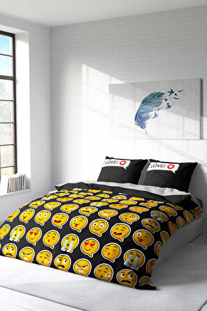 Lastikli Çarşaflı %100 Pamuk Saten Çift Kişilik Nevresim Takımı I Love Emoji