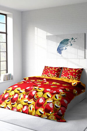 Lastikli Çarşaflı %100 Pamuk Saten Çift Kişilik Nevresim Takımı Emoji In Red