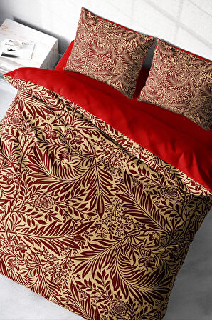 Lastikli Çarşaflı %100 Pamuk Saten Çift Kişilik Nevresim Takımı Red Leaf