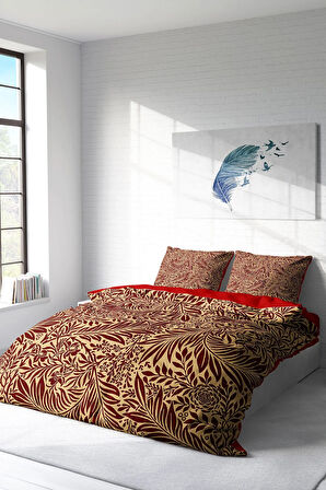 Lastikli Çarşaflı %100 Pamuk Saten Çift Kişilik Nevresim Takımı Red Leaf
