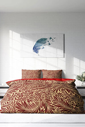 Lastikli Çarşaflı %100 Pamuk Saten Çift Kişilik Nevresim Takımı Red Leaf