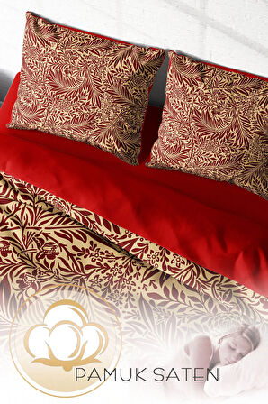 Lastikli Çarşaflı %100 Pamuk Saten Çift Kişilik Nevresim Takımı Red Leaf