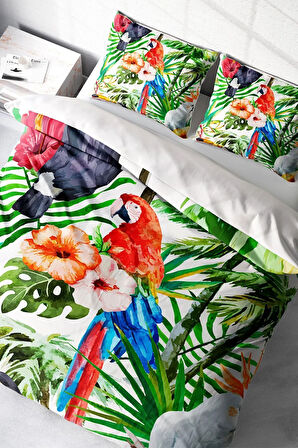 Lastikli Çarşaflı %100 Pamuk Saten Çift Kişilik Nevresim Takımı Green White