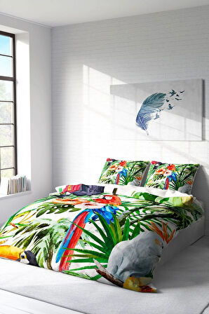 Lastikli Çarşaflı %100 Pamuk Saten Çift Kişilik Nevresim Takımı Green White