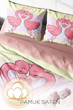 Lastikli Çarşaflı %100 Pamuk Saten Çift Kişilik Nevresim Takımı Aşık Kuşlar